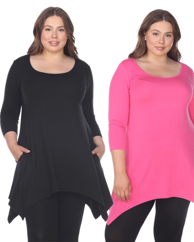 Front of a model wearing a size 1X Essential Makayla 2-Pack Tunic Top in Black Fuchsia by White Mark. | dia_product_style_image_id:249950